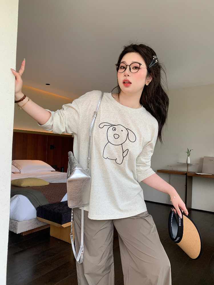 Plus Size Cute Cream Dog Print Long Sleeve T-Shirt - Round Neck Sun Protection Cover-Up - Casual 90s Style Top Plus Size Cute Cream Dog Print Long Sleeve T-Shirt - Round Neck Sun Protection Cover-Up - Casual 90s Style Top