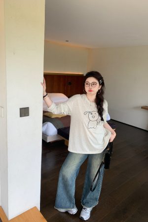 Plus Size Cute Cream Dog Print Long Sleeve T-Shirt - Round Neck Sun Protection Cover-Up - Casual 90s Style Top