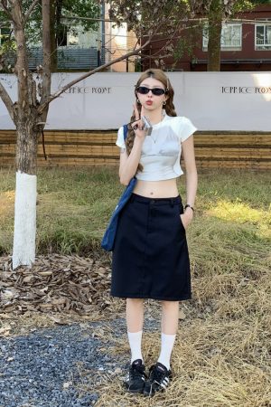 Plus Size Dark Blue Summer Skirt for Women - Slimming Knee-Length Straight Skirt - Chic Plus-Size Fashion Essential