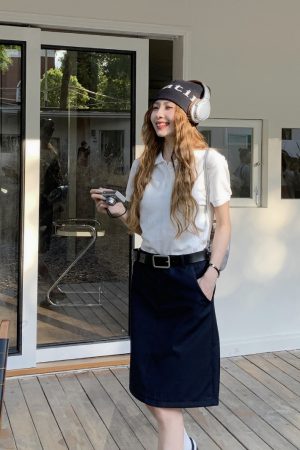 Plus Size Dark Blue Summer Skirt for Women - Slimming Knee-Length Straight Skirt - Chic Plus-Size Fashion Essential