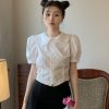 Plus Size Doll Collar Short Sleeve Shirt for Women - Summer 2025 French Style Slim Fit Flattering Crop Top
