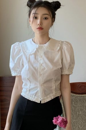 Plus Size Doll Collar Short Sleeve Shirt for Women - Summer 2025 French Style Slim Fit Flattering Crop Top