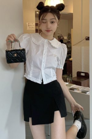 Plus Size Doll Collar Short Sleeve Shirt for Women - Summer 2025 French Style Slim Fit Flattering Crop Top