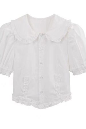 Plus Size Doll Collar Short Sleeve Shirt for Women - Summer 2025 French Style Slim Fit Flattering Crop Top