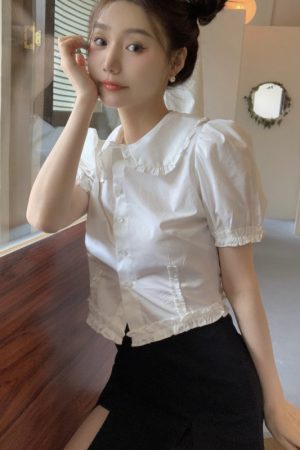 Plus Size Doll Collar Short Sleeve Shirt for Women - Summer 2025 French Style Slim Fit Flattering Crop Top