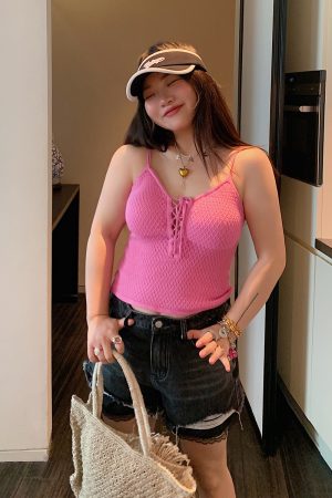 Plus Size Drawstring Strap Vest for Women - 2025 Summer Micro Fat Top in Pure Desire Style