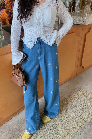 Plus Size Embroidered Bear Denim Pants for Women - Flattering Straight-Leg Blue Jeans, Spring Summer 2025, Y2K Style