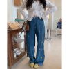 Plus Size Embroidered Bear Denim Pants for Women - Flattering Straight-Leg Blue Jeans, Spring Summer 2025, Y2K Style