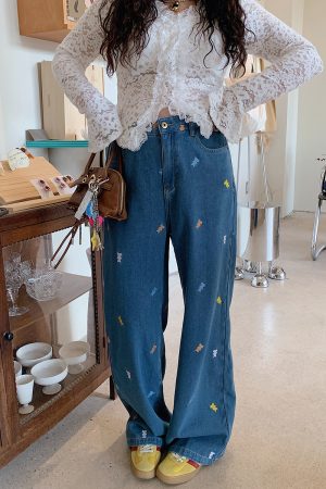 Plus Size Embroidered Bear Denim Pants for Women - Flattering Straight-Leg Blue Jeans, Spring Summer 2025, Y2K Style