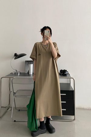 Plus-Size Embroidered Knee-Length Summer Skirt Dress in Loose Korean Style - Casual Grapefruit Design for Women