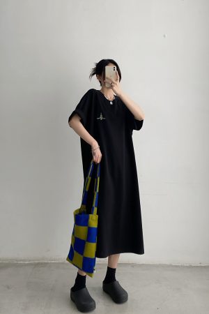 Plus-Size Embroidered Knee-Length Summer Skirt Dress in Loose Korean Style - Casual Grapefruit Design for Women