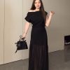 Plus-Size Flattering Off-Shoulder Summer Dress, Long Patchwork Little Black Dress for Women, Trendy and Fashionable Design