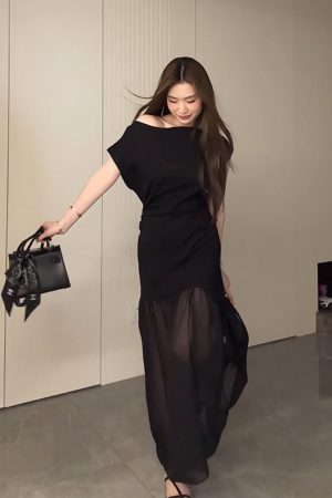 Plus-Size Flattering Off-Shoulder Summer Dress, Long Patchwork Little Black Dress for Women, Trendy and Fashionable Design