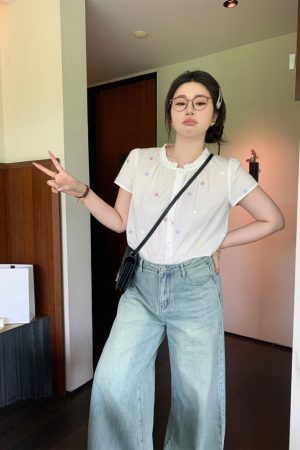 Plus Size Floral Embroidered Short Sleeve Shirt - Slightly Chubby Alice Summer Dream Top in Colorful Y2K Style