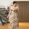 Plus-Size Floral Puff Sleeve Fairy Dress with Square Neck - Elegant Vintage Summer Style for Women