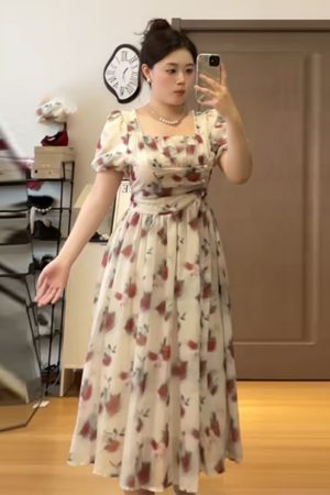 Plus-Size Floral Puff Sleeve Fairy Dress with Square Neck - Elegant Vintage Summer Style for Women