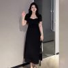 Plus-Size French Hepburn-Style Black Square-Neck Dress for Women - Elegant Summer Little Black Dress for Social Events