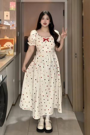 Plus-Size French-Style Polka Dot Bowknot Dress - Summer Slimming Puff Skirt for Flattering Fit, Gentle Sweet Look