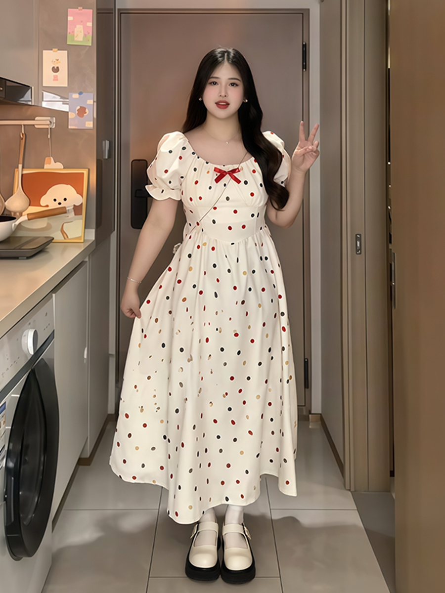 Plus-Size French-Style Polka Dot Bowknot Dress - Summer Slimming Puff Skirt for Flattering Fit, Gentle Sweet Look Plus-Size French-Style Polka Dot Bowknot Dress - Summer Slimming Puff Skirt for Flattering Fit, Gentle Sweet Look