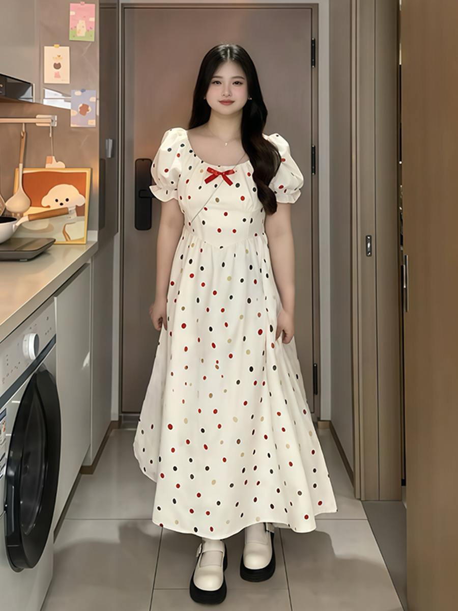 Plus-Size French-Style Polka Dot Bowknot Dress - Summer Slimming Puff Skirt for Flattering Fit, Gentle Sweet Look Plus-Size French-Style Polka Dot Bowknot Dress - Summer Slimming Puff Skirt for Flattering Fit, Gentle Sweet Look