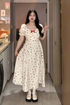 Plus-Size French-Style Polka Dot Bowknot Dress - Summer Slimming Puff Skirt for Flattering Fit, Gentle Sweet Look