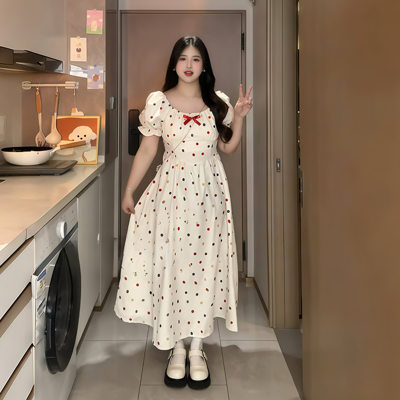 Plus-Size French-Style Polka Dot Bowknot Dress - Summer Slimming Puff Skirt for Flattering Fit, Gentle Sweet Look Plus-Size French-Style Polka Dot Bowknot Dress - Summer Slimming Puff Skirt for Flattering Fit, Gentle Sweet Look