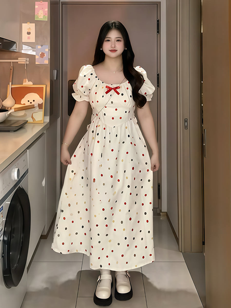 Plus-Size French-Style Polka Dot Bowknot Dress - Summer Slimming Puff Skirt for Flattering Fit, Gentle Sweet Look Plus-Size French-Style Polka Dot Bowknot Dress - Summer Slimming Puff Skirt for Flattering Fit, Gentle Sweet Look