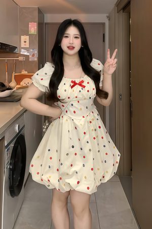 Plus-Size French-Style Polka Dot Bowknot Dress - Summer Slimming Puff Skirt for Flattering Fit, Gentle Sweet Look