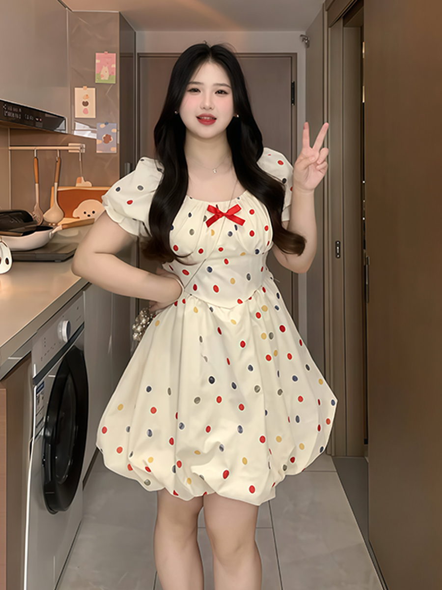 Plus-Size French-Style Polka Dot Bowknot Dress - Summer Slimming Puff Skirt for Flattering Fit, Gentle Sweet Look Plus-Size French-Style Polka Dot Bowknot Dress - Summer Slimming Puff Skirt for Flattering Fit, Gentle Sweet Look