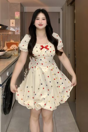 Plus-Size French-Style Polka Dot Bowknot Dress - Summer Slimming Puff Skirt for Flattering Fit, Gentle Sweet Look