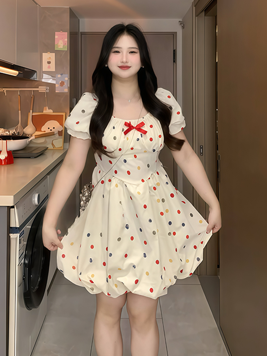 Plus-Size French-Style Polka Dot Bowknot Dress - Summer Slimming Puff Skirt for Flattering Fit, Gentle Sweet Look Plus-Size French-Style Polka Dot Bowknot Dress - Summer Slimming Puff Skirt for Flattering Fit, Gentle Sweet Look