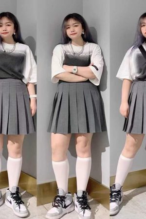 Plus Size Gray High-Waisted A-Line Pleated Skirt for Women - Slimming Short Solid Color Design with Sophisticated Style