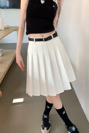 Plus Size Gray Pleated Midi Skirt for Women - High-Waisted A-Line Summer College Style