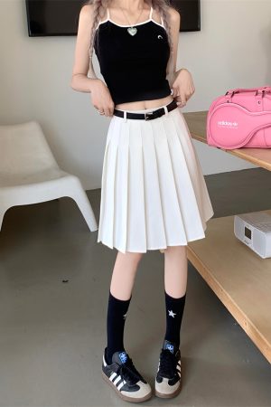 Plus Size Gray Pleated Midi Skirt for Women - High-Waisted A-Line Summer College Style