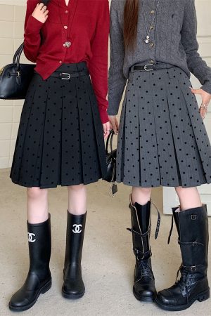 Plus Size Gray Polka Dot High-Waisted A-Line Skirt - Women's College Style Mid-Length Pleated Skirt for Spring and Summer
