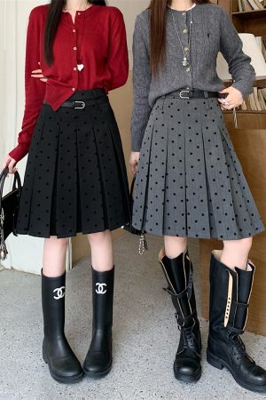 Plus Size Gray Polka Dot High-Waisted A-Line Skirt - Women's College Style Mid-Length Pleated Skirt for Spring and Summer