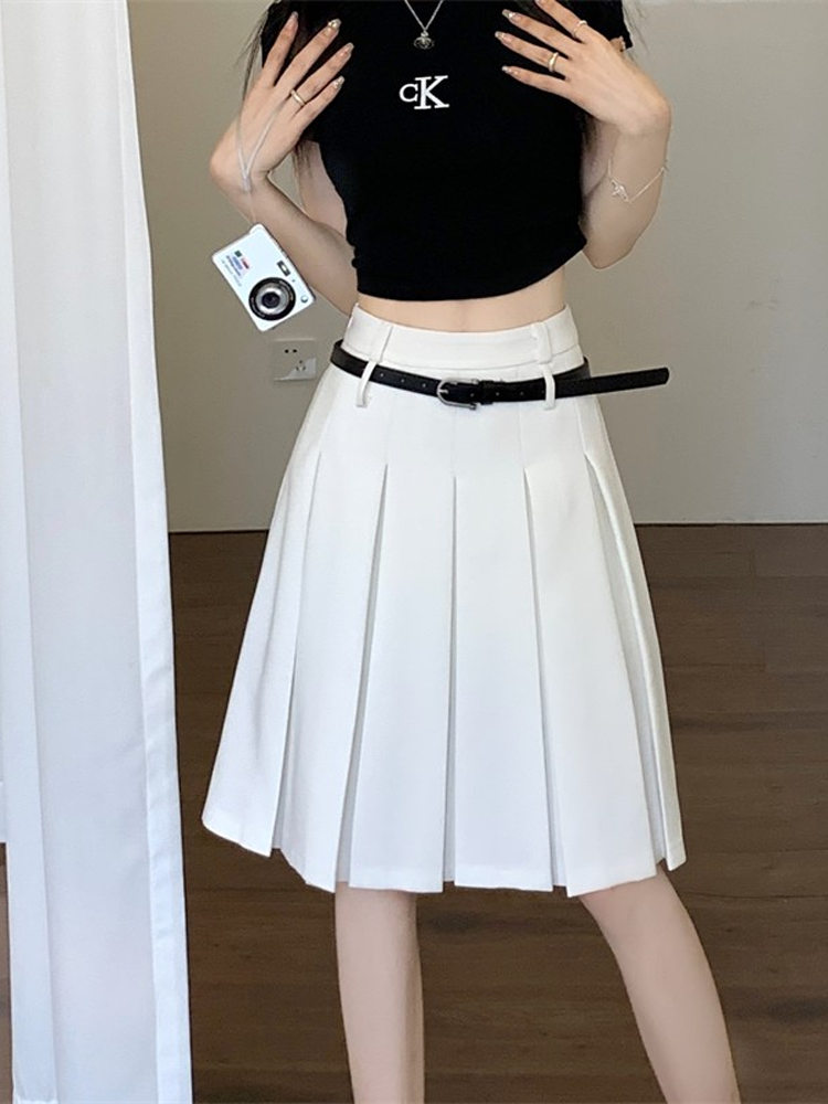 Plus-Size High-End White Pleated A-Line Skirt for Women - Summer College Style Mid-Length Hip-Covering Fashion Plus-Size High-End White Pleated A-Line Skirt for Women - Summer College Style Mid-Length Hip-Covering Fashion