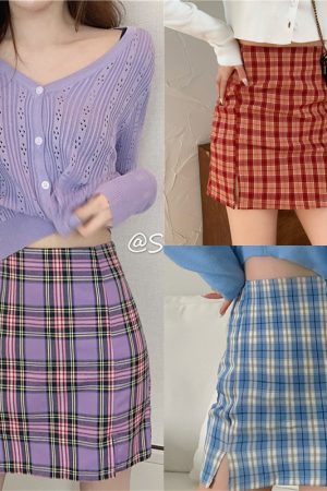 Plus-Size High-Waisted A-Line Plaid Mini Skirt - College Style Slimming Bodycon Skirt for Women