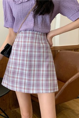 Plus-Size High-Waisted A-Line Plaid Mini Skirt - College Style Slimming Bodycon Skirt for Women
