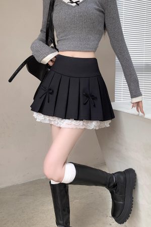 Plus Size High-Waisted A-Line Puff Skirt with Lace Trim and Bow, Gray Summer Design, Pleated Short Skirt for Women