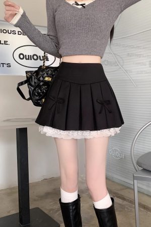 Plus Size High-Waisted A-Line Puff Skirt with Lace Trim and Bow, Gray Summer Design, Pleated Short Skirt for Women