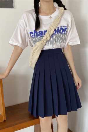 Plus Size High-Waisted Blue Pleated A-Line Skirt for Women - 2024 Mid-Length College Style Fashion