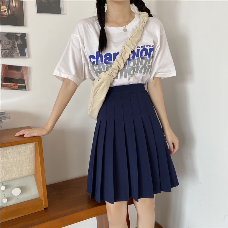 Plus Size High-Waisted Blue Pleated A-Line Skirt for Women - 2024 Mid-Length College Style Fashion Plus Size High-Waisted Blue Pleated A-Line Skirt for Women - 2024 Mid-Length College Style Fashion