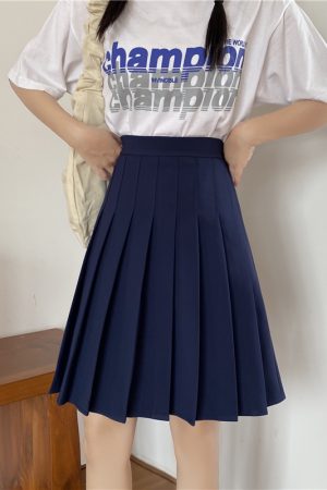 Plus Size High-Waisted Blue Pleated A-Line Skirt for Women - 2024 Mid-Length College Style Fashion