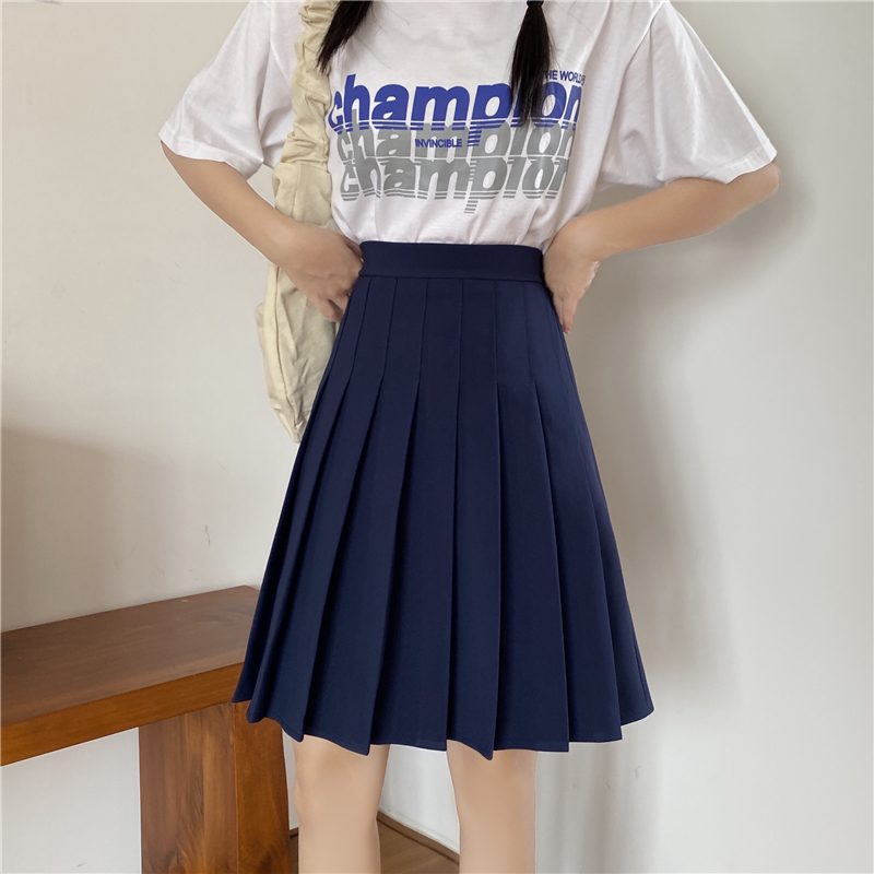 Plus Size High-Waisted Blue Pleated A-Line Skirt for Women - 2024 Mid-Length College Style Fashion Plus Size High-Waisted Blue Pleated A-Line Skirt for Women - 2024 Mid-Length College Style Fashion