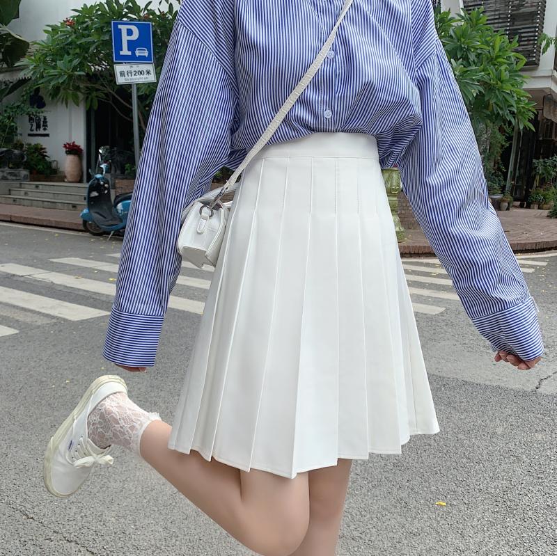 Plus Size High-Waisted Blue Pleated A-Line Skirt for Women - 2024 Mid-Length College Style Fashion Plus Size High-Waisted Blue Pleated A-Line Skirt for Women - 2024 Mid-Length College Style Fashion