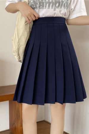 Plus Size High-Waisted Blue Pleated A-Line Skirt for Women - 2024 Mid-Length College Style Fashion