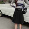 Plus Size High-Waisted Gray Pleated Midi Skirt for Women, Slimming A-Line Design, College Style Puff Skirt