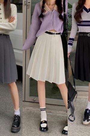 Plus Size High-Waisted Gray Pleated Midi Skirt for Women, Slimming A-Line Design, College Style Puff Skirt