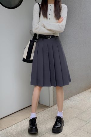 Plus Size High-Waisted Gray Pleated Midi Skirt for Women, Slimming A-Line Design, College Style Puff Skirt